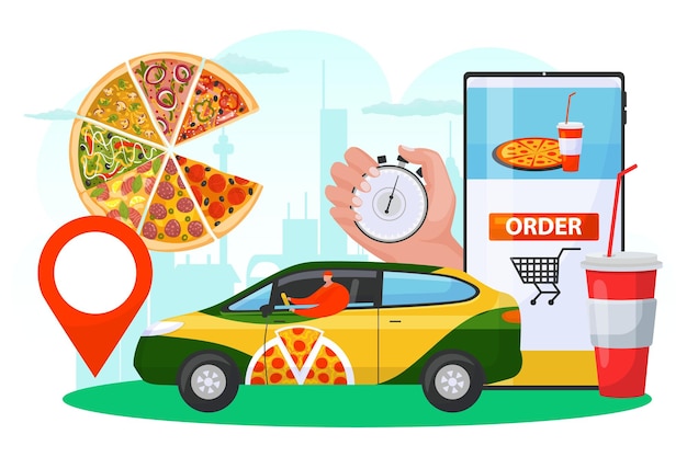 Food pizza order man near large smartphone fast delivery service vector illustration Flat business delivery design courier