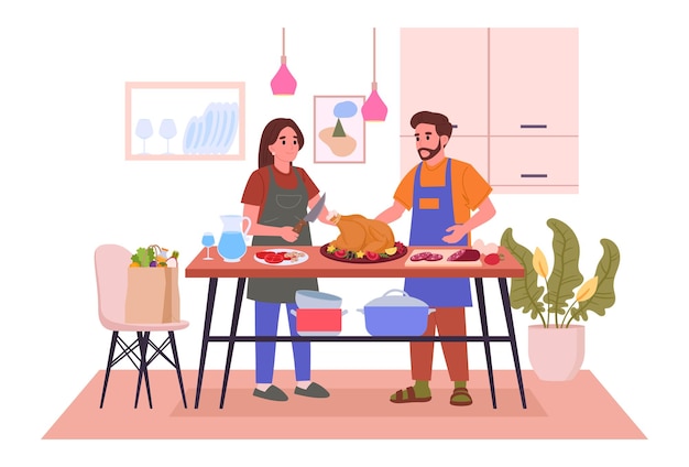 Food preparation at home Cooking family woman and man cooking together flat vector illustration Home cooking scene