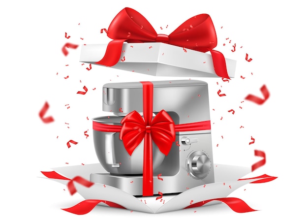 Food processor with red ribbon and bow inside open gift box Gift concept Kitchen appliances Isolated 3d vector illustration 3D rendering