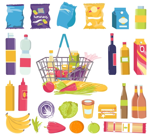 Food product in grocery basket shop collection isolated on white vector illustration flat