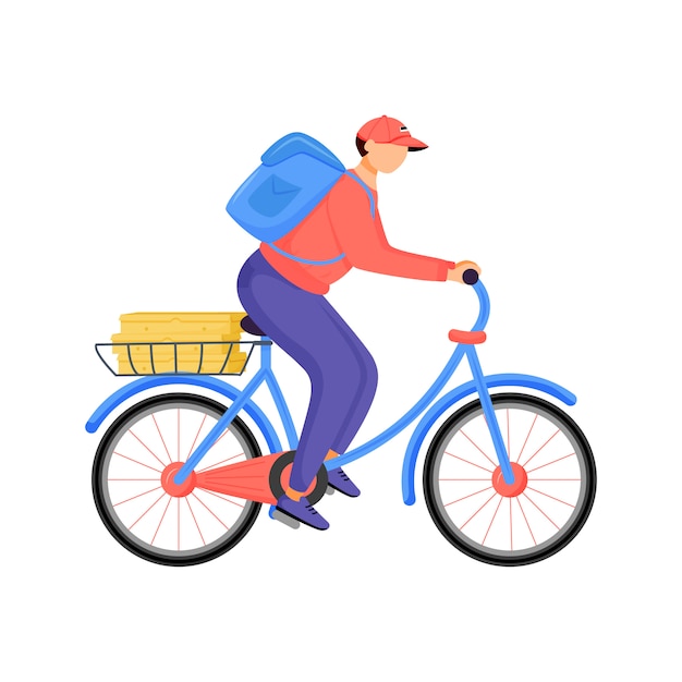 Food rider, pizza deliveryman flat color faceless character. Male courier riding bike. Takeaway, fast food delivery service isolated cartoon illustration for web graphic design and animation