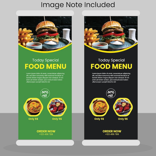 Food roll up banner and delicious food menu design template