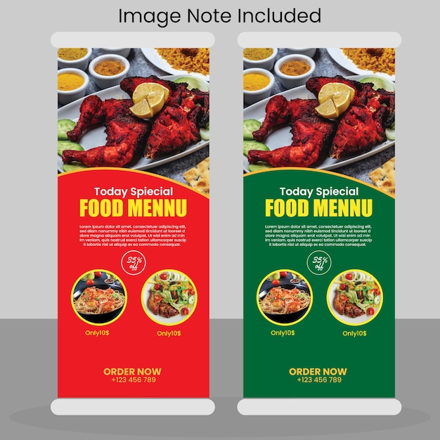 Food roll up banner and delicious food menu design template