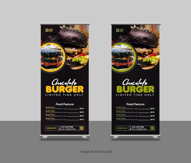 Food roll-up banner template or restaurant services promotion x stand, rollup, retractable design