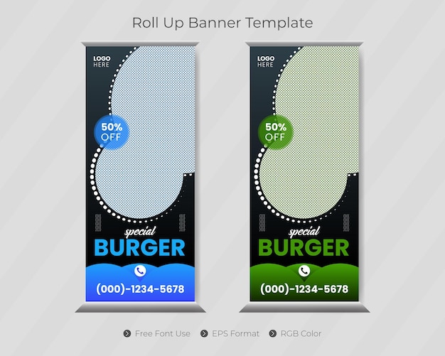 Food roll up banner template with restaurant cover design for business