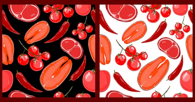 Food  seamless pattern with red fish vegetables