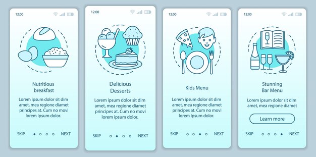 Food service onboarding mobile app page screen vector template. Family cafe. Coffee shop, pizzeria, bar. Walkthrough website steps with linear illustrations. UX, UI, GUI smartphone interface concept