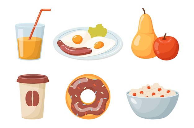 Food set fruits glass of coffee scrambled eggs with sausages donut a glass of juice and a bowl of porridge