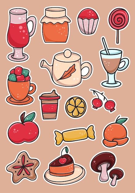 Food set of stickers vector illustration Collection of hand drawn snack foods Cake candy pie