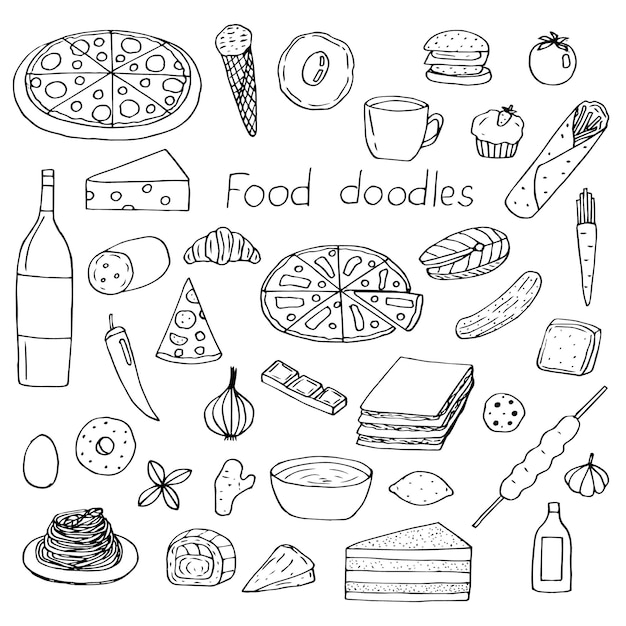 Food set, vector illustration of hand drawing doodles