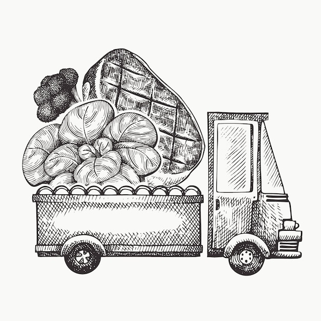 Food shop delivery logo template. Hand drawn   truck with vegetables and meat illustration. Engraved style retro food design.