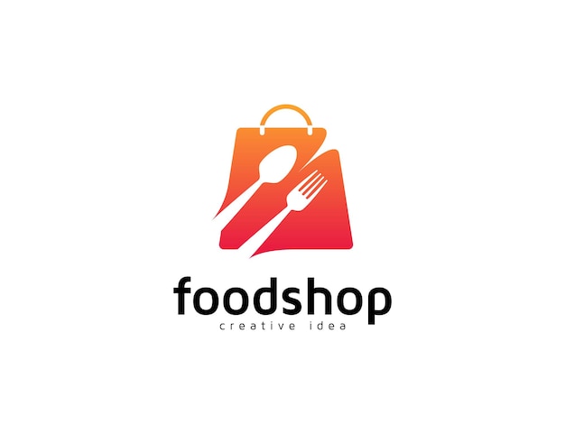 Food shop logo with fork, spoon, and shopping bag illustration