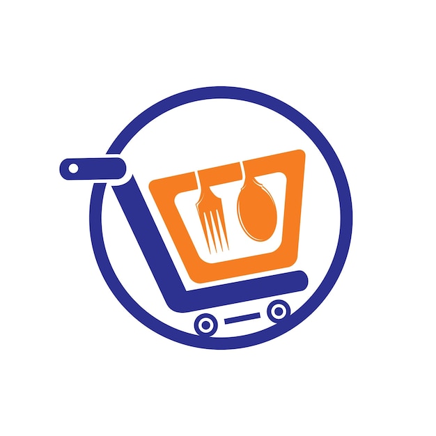 Food shop vector logo design. Shopping cart with fork and spoon icon design.