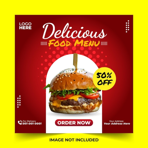 Food social media promotion and banner post with red gradient background and yellow discount design