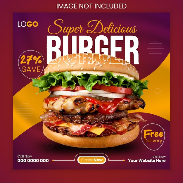 Food social media promotion and burger banner post design template