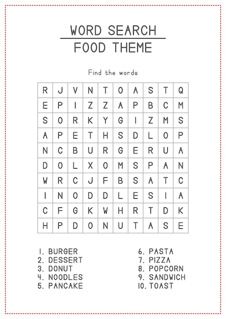 Vector food theme word search for kids activity