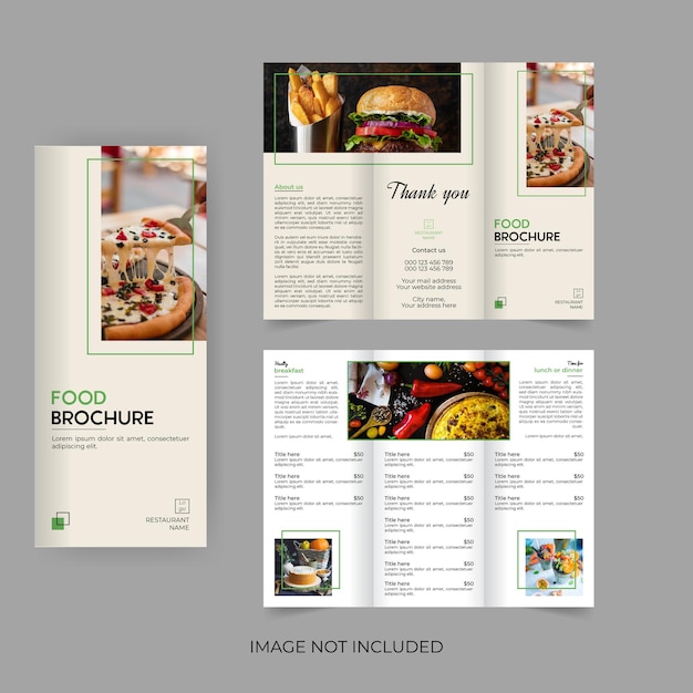 Food trifold brochure design for restaurant menu card or cook recipe