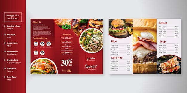 Food trifold brochure menu template fast food menu brochure for restaurant with yellow and blue