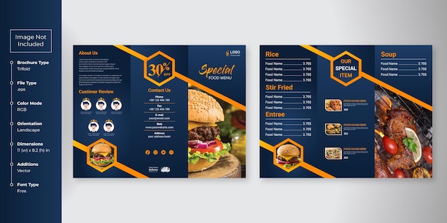 Vector food trifold brochure menu template fast food menu brochure for restaurant with yellow and blue