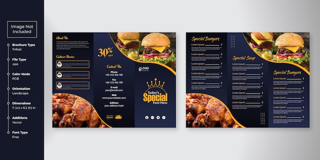 Food trifold brochure menu template fast food menu brochure for restaurant with yellow and blue