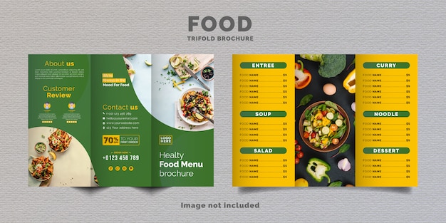 Vector food trifold brochure menu template. fast food menu brochure for restaurant with yellow and green color.