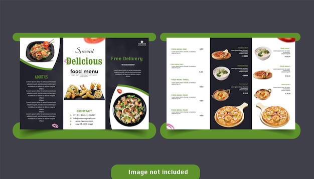 Vector food trifold brochure template fast food menu brochure for restaurant with dark and green color