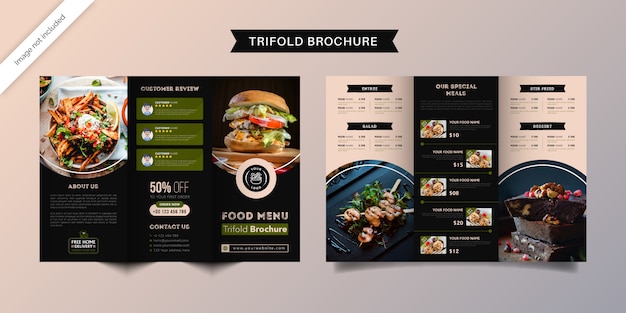 Food trifold brochure template. fast food menu brochure for restaurant with green and dark blue color.