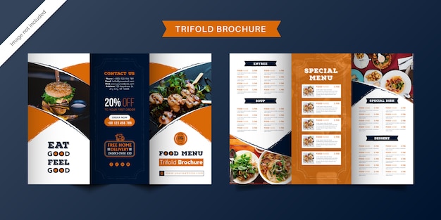 Food trifold brochure template. Fast food menu brochure for restaurant with orange and dark blue color.