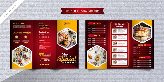 Food trifold brochure template. fast food menu brochure for restaurant with red and yellow color.