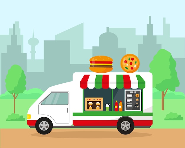 Food truck in city park. Fast food concept. Spring or summer cityscape background  illustration.