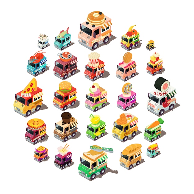 Food truck icons set, isometric style