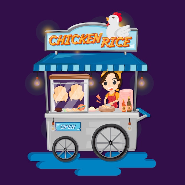 Food truck of Thai Chicken rice. Woman chops chicken for chicken rice on food truck.