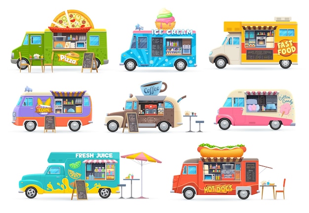 Food trucks isolated cars, cartoon vans for street food selling.