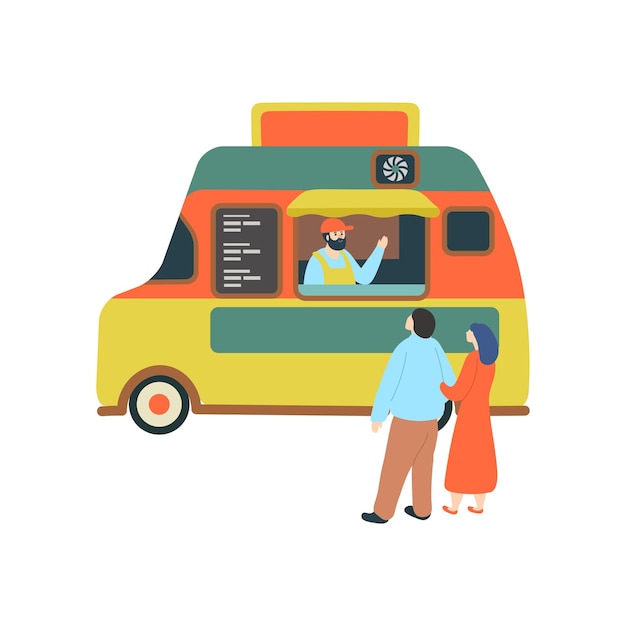 Food van with seller on white background. Flat vector illustration.