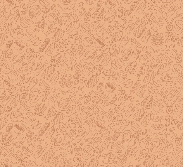 Food vector seamless pattern. Cuisine, fast food wallpaper with gastronomy icons. Brown, pastelle, sepia color texture. Decorative textile, wrapping paper design. Bright background for menu, receipts