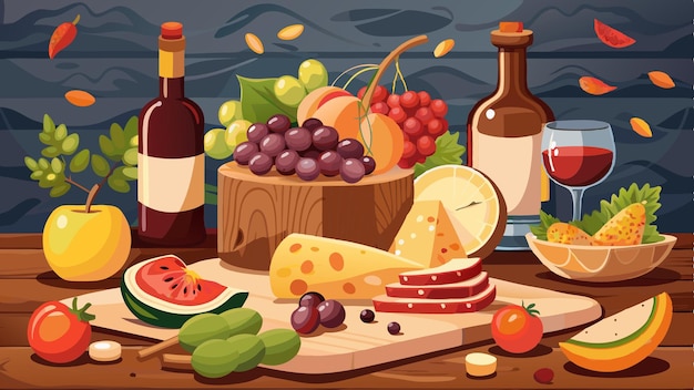 Food and wine assortment Cheese grape meat and fruits on the wooden desk