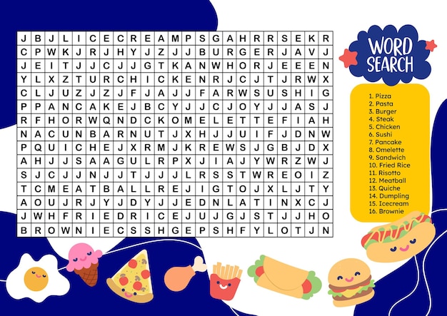 Vector food word search cute flat design vector printable for kids