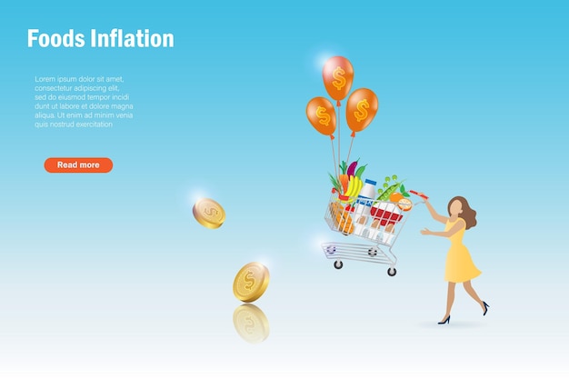 Foods inflation CPI consumer price index economic indicator Woman pull back flying shopping cart