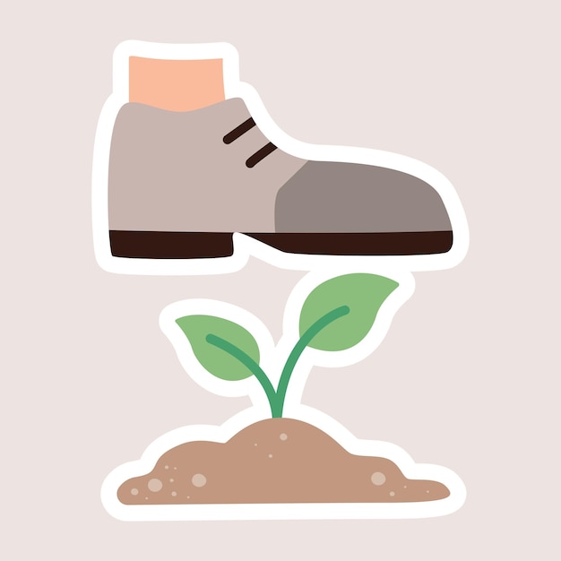 Foot in a boot stepping on a green plant in the ground Environmental damage concept Vector isolated sticker