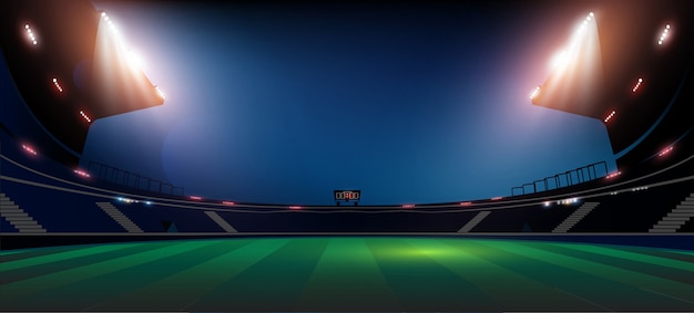 Vector football arena field with bright stadium lights illumination