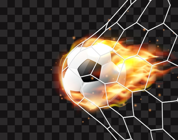 Football ball hitting the netsoccer ball with fire tongues