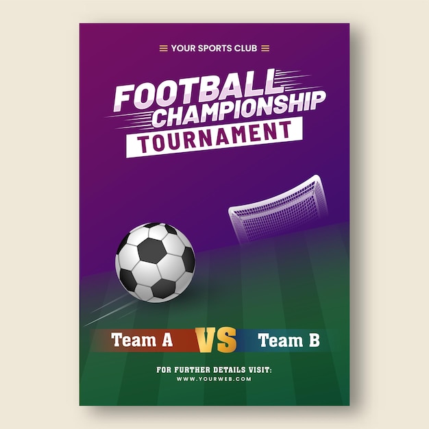 Vector football championship tournament poster design with participate team a vs b in purple and green color