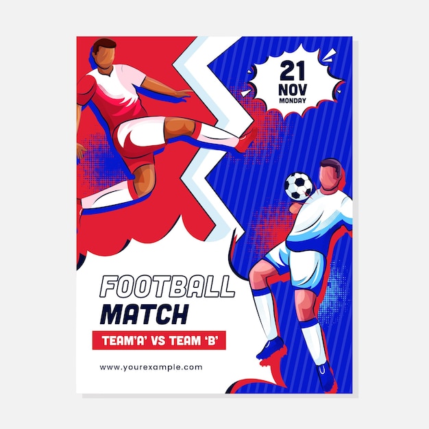 Football Competition Template with Opposite Team Players Character Vectors and Match Day Details Halftone effect Blue and Red Background