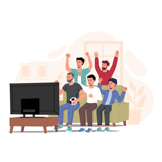 Football fans friends watching match on TV at home Men sitting celebrating soccer team winning