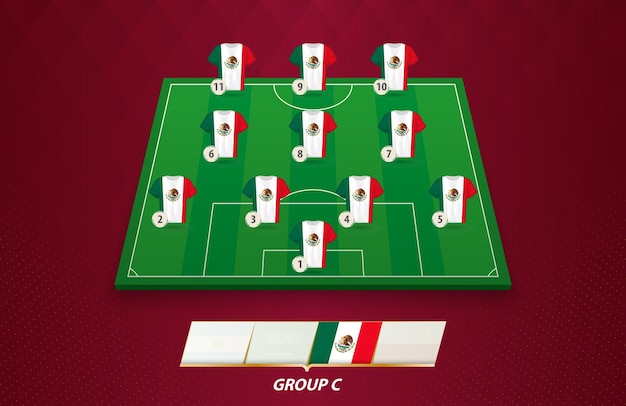 Football field with Mexico team lineup for European competition