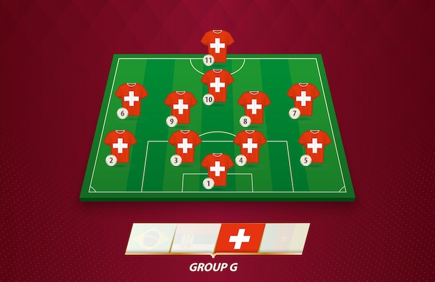 Football field with Switzerland team lineup for European competition