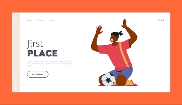 Football First Place Landing Page Template Black Sportsman Soccer Player Celebrating Win After Goal Male Character