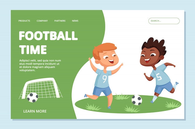 Football landing page template. Sport team kids character