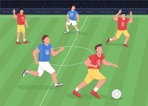 Football match flat . Forward running towards enemy side. Proffessional soccer team players 2D cartoon characters with huge stadium full of shouting fans