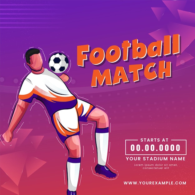 Football Match Poster Design With Faceless Footballer Player Hitting Ball From Chest On Purple And Red Geometric Background